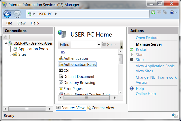 Screen shot of IIS Manager > Server > Features dialog box