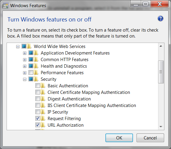 Screen shot of Windows Features dialog box